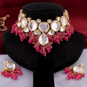Kundan Indian fancy Pearls Polki faceted white beaded Choker Necklace set